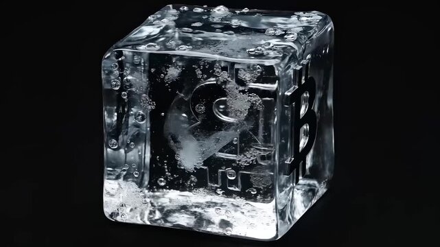 Bitcoin symbol frozen in ice cube floating on black background