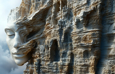 Fototapeta premium Rostro gigante de piedra esculpido en un acantilado rocoso con texturas erosionadas detalladas