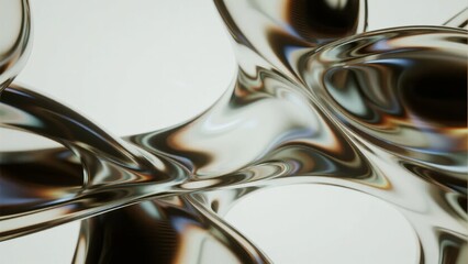 Abstract metallic fluid forms with reflective surfaces and flowing contours