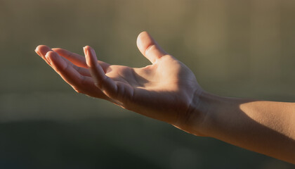 Close up of a human hand reaching out in warm sunlight.