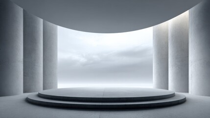 Obraz premium Minimalist Concrete Podium Stage with Cylindrical Columns and Sky Background for Product Display or Architectural Visualization
