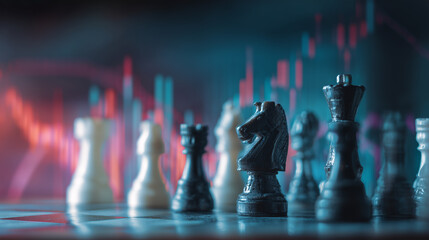 Chess pieces on board with financial graphs overlay. Business strategy concept, decision making, competitive analysis, investment planning visualized through strategic game setup, market data