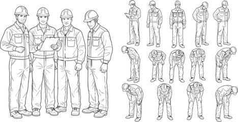 Construction workers line art set with safety helmets, industrial poses, teamwork scenes, and technical illustration references for training manuals