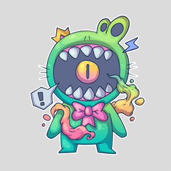A colorful cartoon monster with a single eye, sharp teeth, a pink bow, and holding a rainbow flame. Cartoon vector character. Trendy style. Vector illustration.
