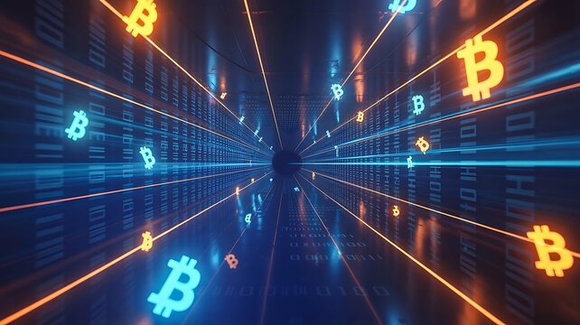 Futuristic bitcoin tunnel with glowing cryptocurrency symbols digital finance technology concept - Powered by Adobe