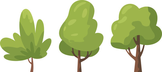 Three distinct styles of leafy green deciduous trees stand isolated against a white background perfect for environmental graphic design use.