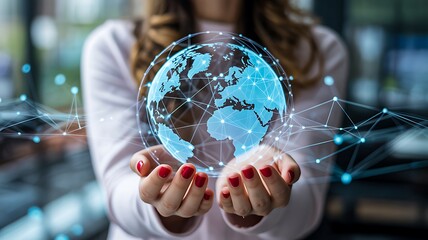 Woman holding digital globe with network connections showing global technology concept
