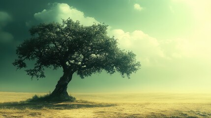 Obraz premium A solitary tree stands in a vast field under a moody sky, with soft light filtering through clouds.