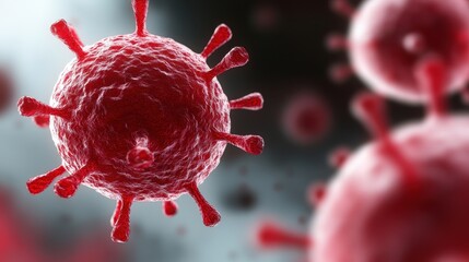 A close-up of a red virus displays spiky structures against a blurred background, emphasizing its intricate details.