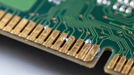 Close-up of a green circuit board with gold connectors and silver pins on a white