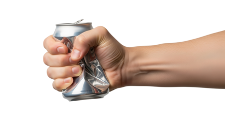 Human hand crushing a crumpled silver aluminum can, isolated on white background