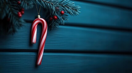 A red and white candy cane ornament dangles from a gold string amid pine branches and red berries, set against a deep blue wooden backdrop.
