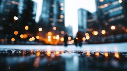 A blurred city scene features two figures walking on a wet pavement reflecting warm lights, with tall buildings and a cool, overcast sky in the background.
