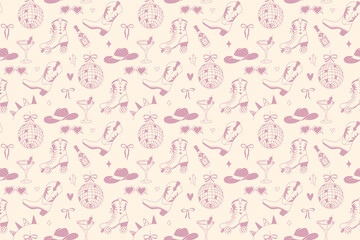 Whimsical cowgirl seamless pattern with horseshoes and glitter hearts