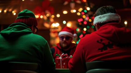 Three people in festive holiday attire sit at a table with a wrapped gift, surrounded by a brightly decorated Christmas tree and twinkling lights, creating a cheerful atmosphere.