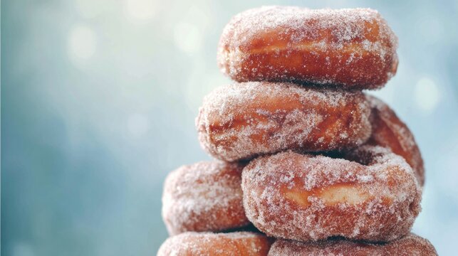 Fresh donuts stacked high with sugar on a bright background