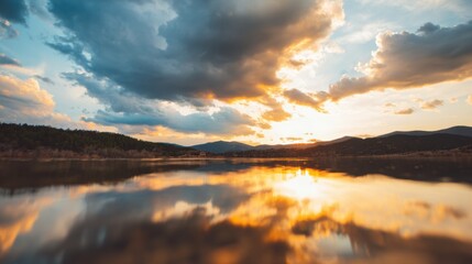 Fototapeta premium Sunset over a lake surrounded by mountains and clouds in the evening
