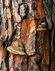 Close-up of tree bark with attached fungi, showing interesting textures