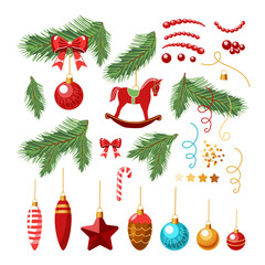 A set of Christmas decorations, fir branches, balls, toys isolated on a white background