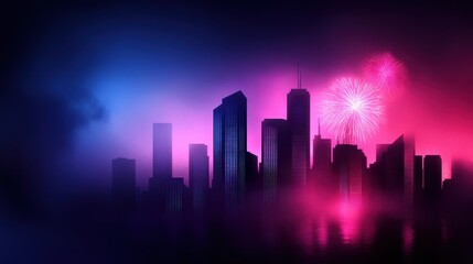 Fototapeta premium A vibrant dusk skyline shrouded in mist, illuminated by colorful fireworks against deep blue and pink hues.