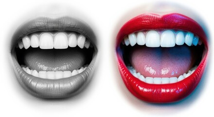 Obraz premium Comparison of Dental Health: Black and White vs. Red Lips Showcasing Bright White Teeth