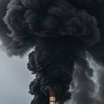 A massive, dark plume of noxious smoke rising high into the atmosphere from an industrial stack, illustrating severe environmental damage and contamination ,production ,rising ,billowing