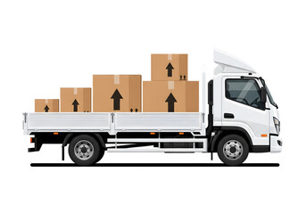 White delivery truck with cargo boxes stacked on flatbed