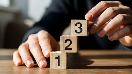 Building Blocks of Progress: Hand Stacking Numbered Cubes for Step-by-Step Advancement and Logical Progression