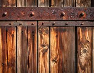 Close-up of weathered wooden planks with riveted, rusty metal straps