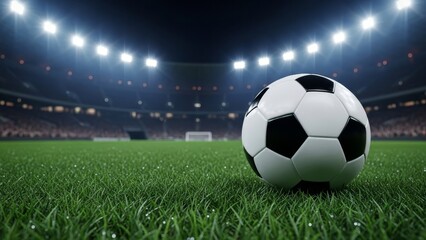 Naklejka premium A soccer ball on the field with a brightly lit stadium in the background.