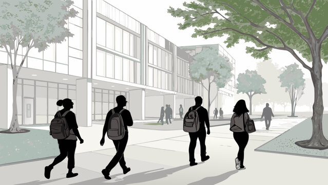 Students walking on university campus in silhouette . College campus vector.. Vector illustration of young adults walking outdoors at college