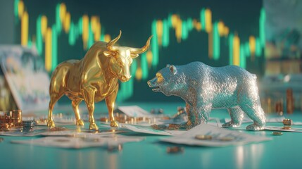 Bull and Bear Confrontation: Financial Market Dynamics, Stock Exchange Concepts, and Investment Strategy Visualized with Chart Background