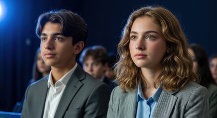 Obraz premium Attentive Teen Students Focused on Presentation in Dark Auditorium Wearing Business Attire