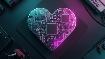 Heart circuit board digital love artificial intelligence concept glowing with vibrant neon teal and magenta light on a dark technology background