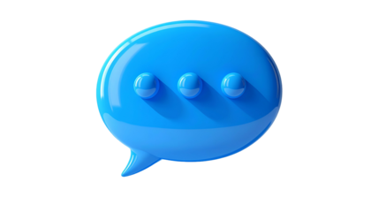 A 3D rendered, glossy blue speech bubble, with three dots, isolated on a black background