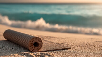 Rolled yoga mat on sandy beach with ocean waves, mindfulness and relaxation concept