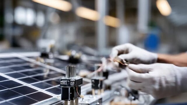 A technician skillfully integrates components into a solar panel system, showcasing advanced engineering and precision during the assembly of renewable energy technology in a modern workshop.