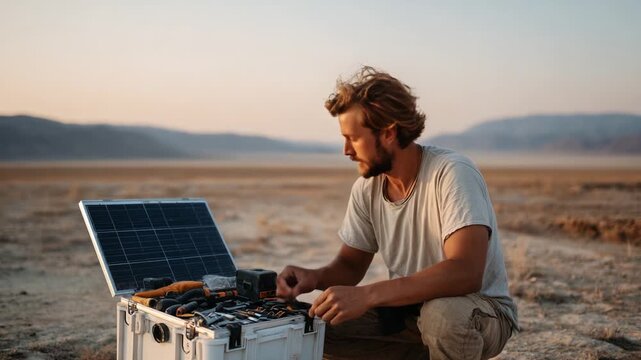 A resourceful individual engages in practical tasks in a serene outdoor setting, demonstrating skills in utilizing solar technology and tools to foster sustainable solutions for off-grid living.