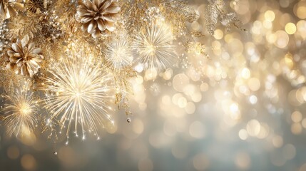 Brilliant golden fireworks illuminate festive decorations against a shimmering background