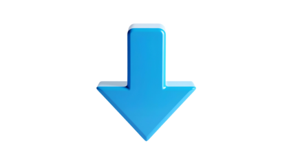 A bright blue, three-dimensional down arrow isolated against a stark black background