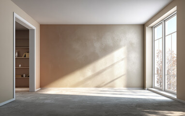 Fototapeta premium Sunlight enters a modern room with empty walls and large windows, highlighting a serene space ideal for design