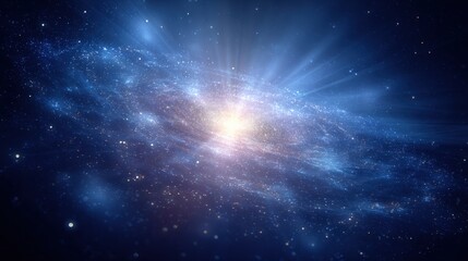 Fototapeta premium Vibrant Cosmic Galaxy Bursting with Light and Nebula Clouds, Shining Star Radiating Across Dark Space