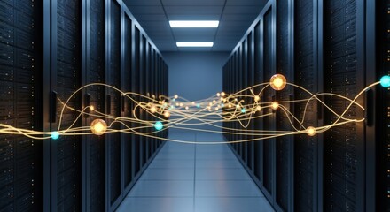 Data Center Server Room with Abstract Network Connection for Cloud Computing and Information Technology
