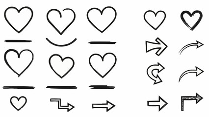 Collection of Hand Drawn Hearts and Arrows Icons.