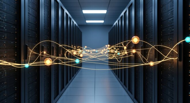 Data Center Server Room with Abstract Network Connection for Cloud Computing and Information Technology - Powered by Adobe