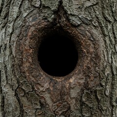 Obraz premium Close up of a dark, round nest hole carved into the rough bark of an old forest tree trunk, waiting for a bird or small creature to move in ,cavity ,aged ,avian