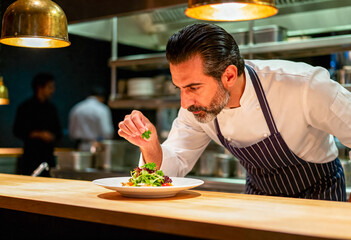 Dedicated professional chef carefully garnishes a fine dining salad on a wooden counter under warm brass pendant lights in a modern restaurant kitchen. High-quality food preparation