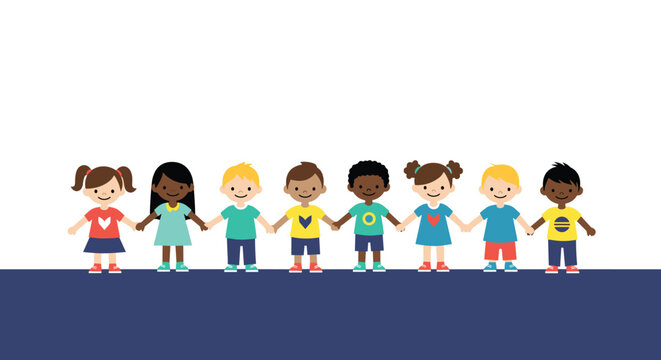 Diverse group of children holding hands in a line on a blue ground smiling and ready to learn together in a sunny schoolyard illustration.