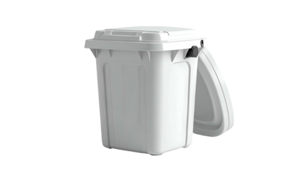 A plain white, rectangular trash receptacle with an open lid, against a black background