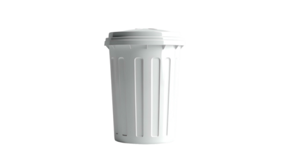 A white waste receptacle with a lid stands against a black background, a 3D render